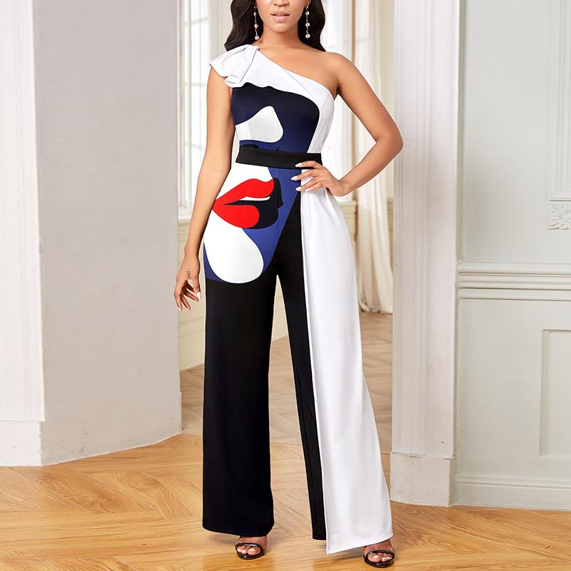 Fashion Sleeveless Slant Collar Face Print Jumpsuit