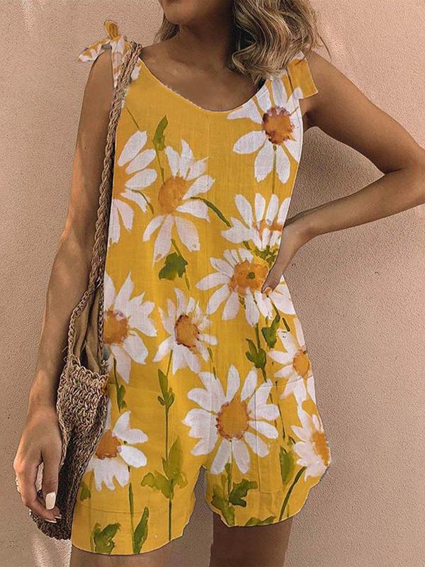 Floral Print Sleeveless Belted Casual Jumpsuit
