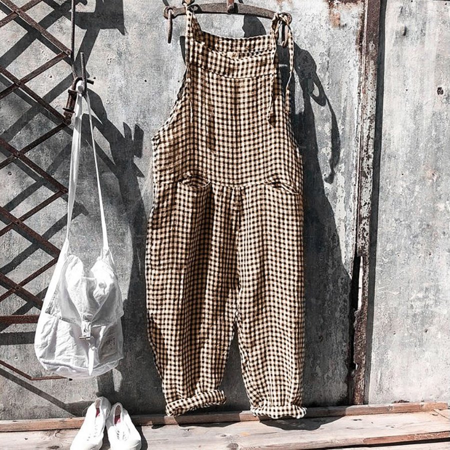 Strap Plaid Jumpsuit Wide Leg Pants