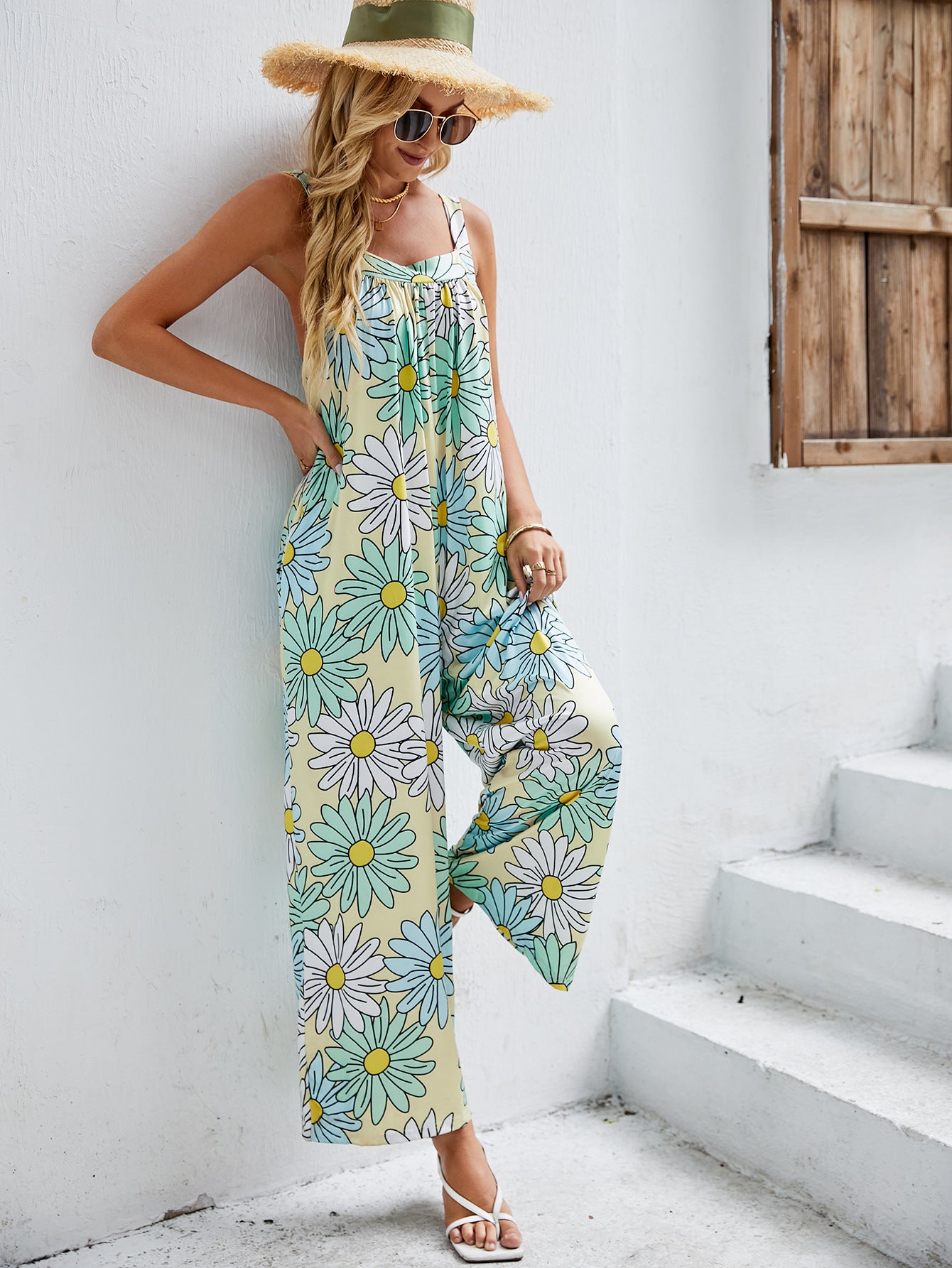 Sunflower Printed Casual Suspenders Wide Legged Jumpsuit
