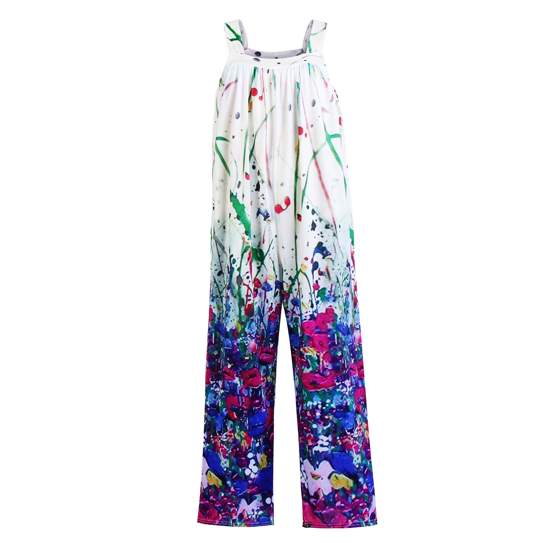 White floral bush print casual halter wide leg jumpsuit