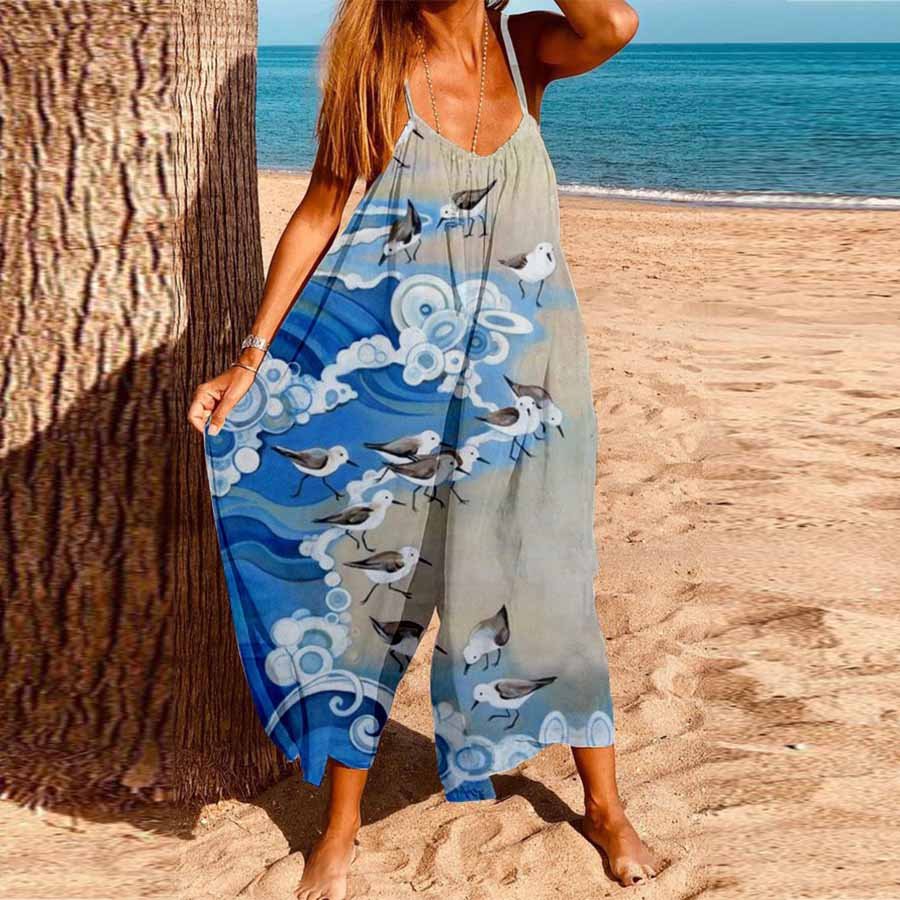 Women's Plus Size Resort Style Bird Print Sleeveless Jumpsuit